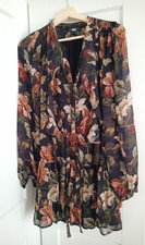 Abito PAGE 100% seta nero/antico biscotto fantasia floreale con volant taglia XS
