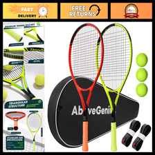 Neon Tennis Rackets 2 Pack - 27" Lightweight Aluminum Racquet Set with 3 Balls