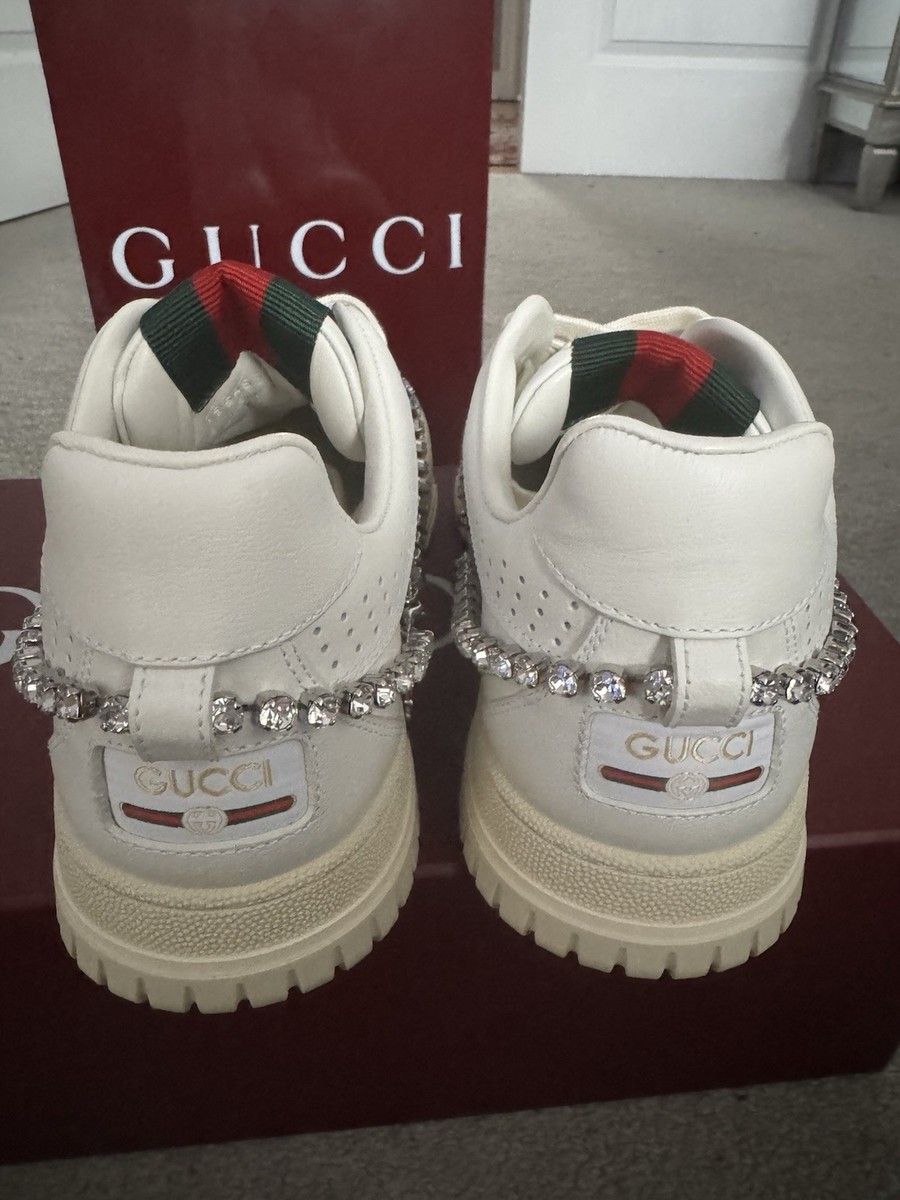 Gucci White Leather Sneakers With Crystal Chain Women's Size US 9