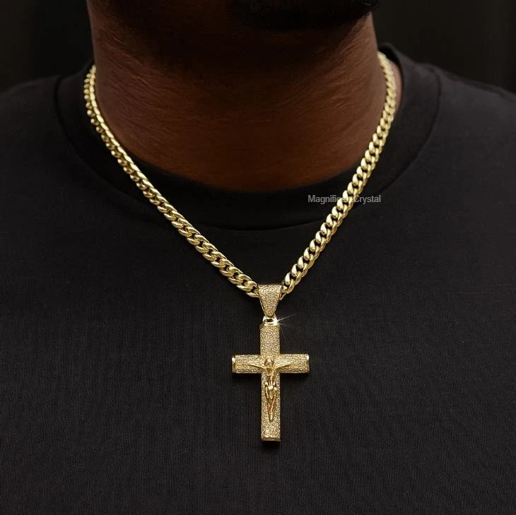Collar Cruz Magnus Oro 14K Chapado en Oro para Hombre Joyería Cadena Eslabón Cubano Foto 3 de 4