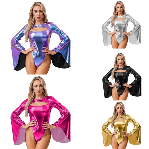 Womens Costume PU Bodysuit Masquerade Outfits Ladies Jumpsuit Hollow Out Shiny - Picture 6 of 72