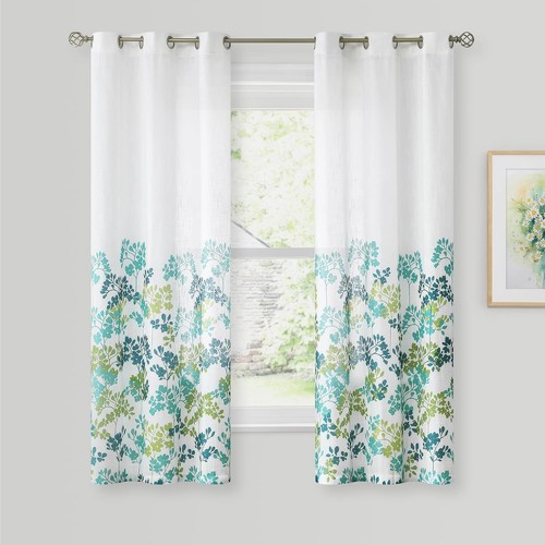Elegant Teal Green Floral Semi-Sheer Curtains 42x63 with Grommet Top (2 Panels) - Picture 3 of 11