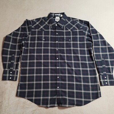 Ely Cattleman Western Shirt Men's Size XXLT Black Plaid Pearl Snap Long Sleeve