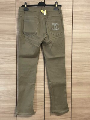 CHANEL Women's Denim Pants Jeans Green Coco Mark Logo Button Hem Zipper Size 36