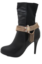 Women Gold Mesh Metal Chain Boot Bracelet Shoe Sun Bling Charm Tassel Anklet