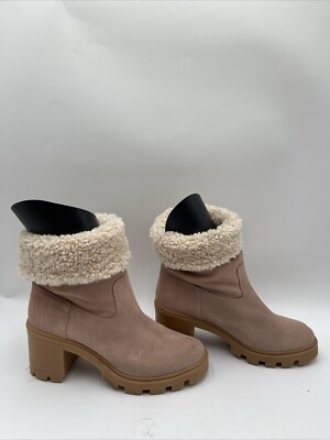 Splendid MARGO Beige Suede Faux Fur Lined Pull On Block Heel Ankle Boots Sz  10M
