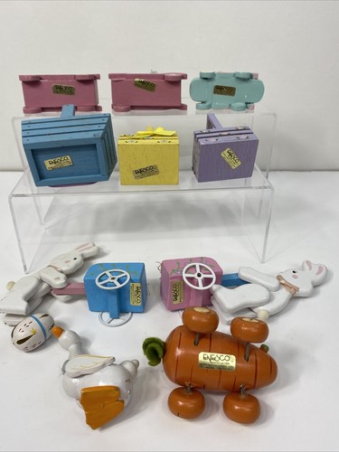 Enesco Wooden Bunny Rabbit Figurines Lot Easter Egg Basket Wheelbarrow Spring - Picture 10 of 12
