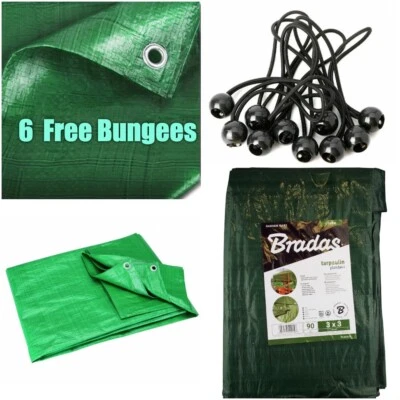 BRADAS 6m x 8m Green Heavy Duty Waterproof Tarpaulin Ground Sheet & Free Bungees!