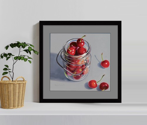 DANFORTH Ciliegie rosse in barattolo palla, 8x8 natura morta realismo originale dipinto olio - Foto 2 di 3
