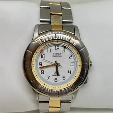 Timex indiglo alarm vintage men date watch silver gold tone 38mm running