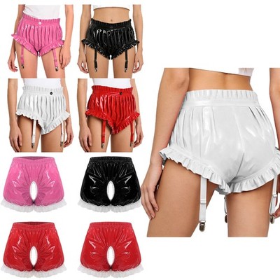 Damen PU Leder Shorts Bloomers mit Spitzen Saum Elastische Taille Schlafshorts
