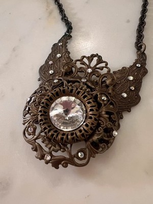 Vintage Handcrafted Brass Necklace With Wings Steampunk Sparkle Vibe  