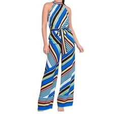 Halter wide leg jumpsuit with elastic waist. Self tie. Multi-colored print. S 