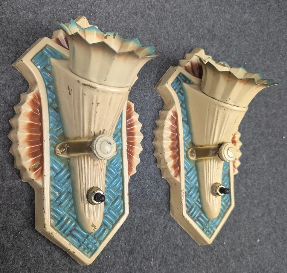 Pair 1920s-30s Cornucopia Sconces & Ceiling Light Fixture, Stamped Brass Rewired - Image 4 of 4