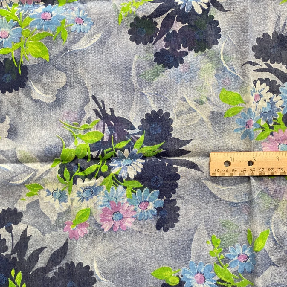 1.3 YD Vintage Floral Georgette Fabric Blue Sheer - Image 3 of 4