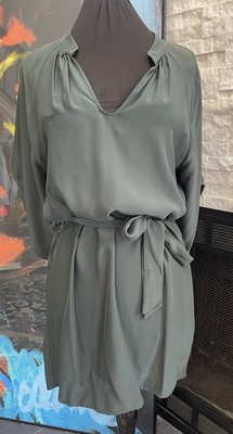 NWOT Deborah Correct Olive Green Silk Belted Shift Dress Size Medium