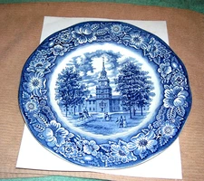 Liberty Blue Independence Hall Dinner Plate England 10" Blue White Ironstone 