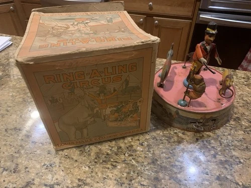 1920’s  Marx Tin Litho Wind Up Ring-A-Ling Circus Toy Ringmaster W Original Box