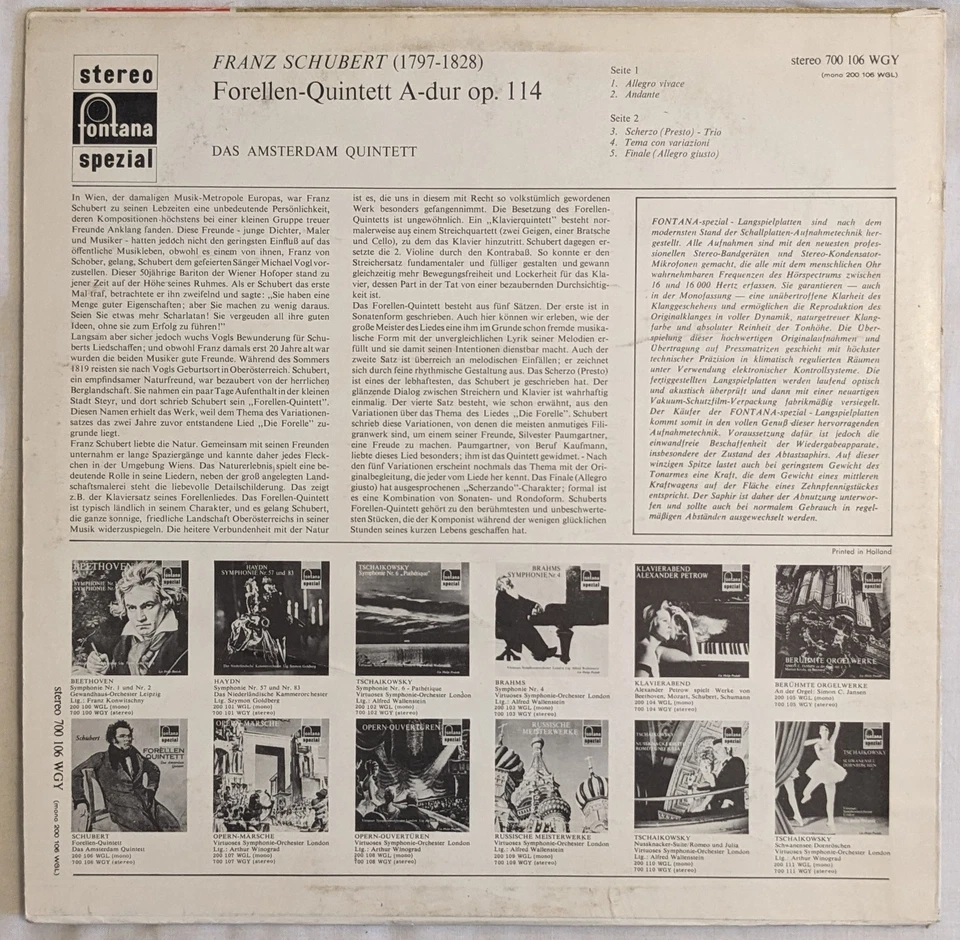 Fontana 700 106 WGY Schubert FORELLEN-QUINTETT Das Amsterdam Quintet LP stereo - Image 2 of 4