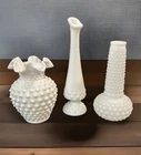 Lot of 3: VTG Hobnail Milk Glass Vases: Ruffled Edge, Swung Bud Vase & Bud Vase