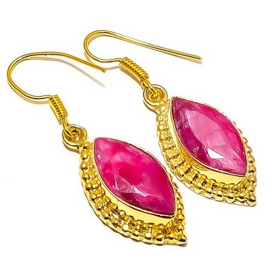 Ruby (Simulated) Gemstone 18k Yellow Gold Plated Earring 1.76'' E7-643
