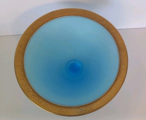 Vintage Tiffin Sky Blue Satin Glass Minton Gold Band Trim Compote 9 1/2" x 6" - Picture 3 of 8