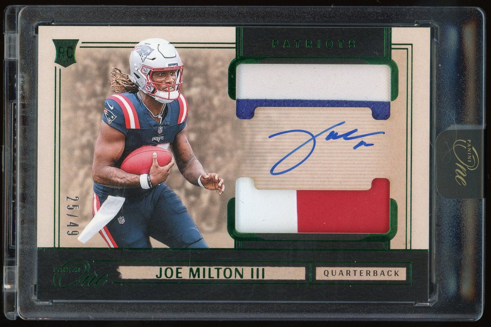 2024 Panini One Joe Milton III Rookie Dual Patch Auto Green /49 #35 Patriots