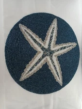 Pair Coastal Seaside Paradise Starfish Beaded Placemats Blue, Silver & White