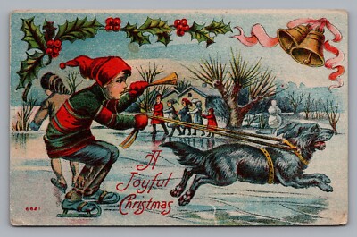1910 Antique Christmas Postcard Joyful Winter Escapade Boy Ice Skates Dog Ride