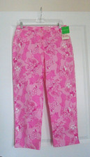 Lilly Pulitzer Pink White Color Cotton Jungle Scenery Capri Pants Size 8 New/Tag