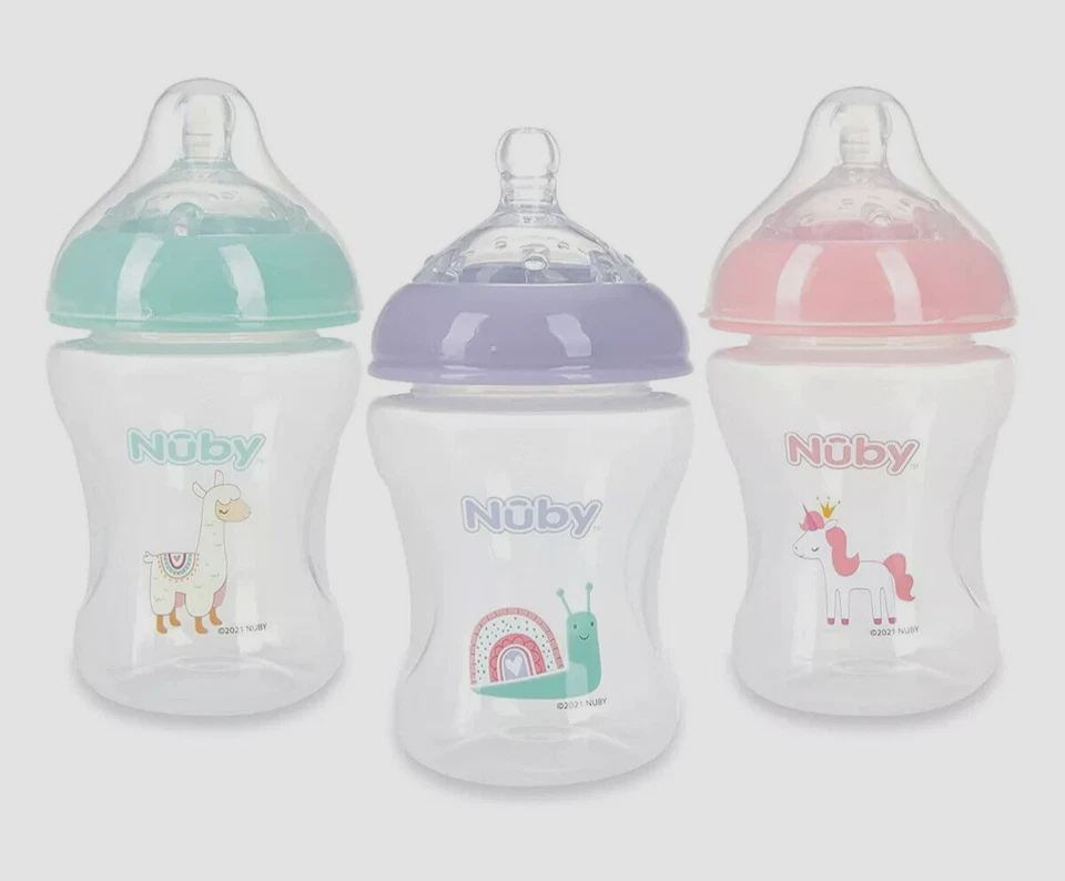 Lote de 3 Pack Biberones Infantiles Nuby con Pezón de Flujo Lento, Paquete de 3, 8oz, Niña Foto 2 de 2