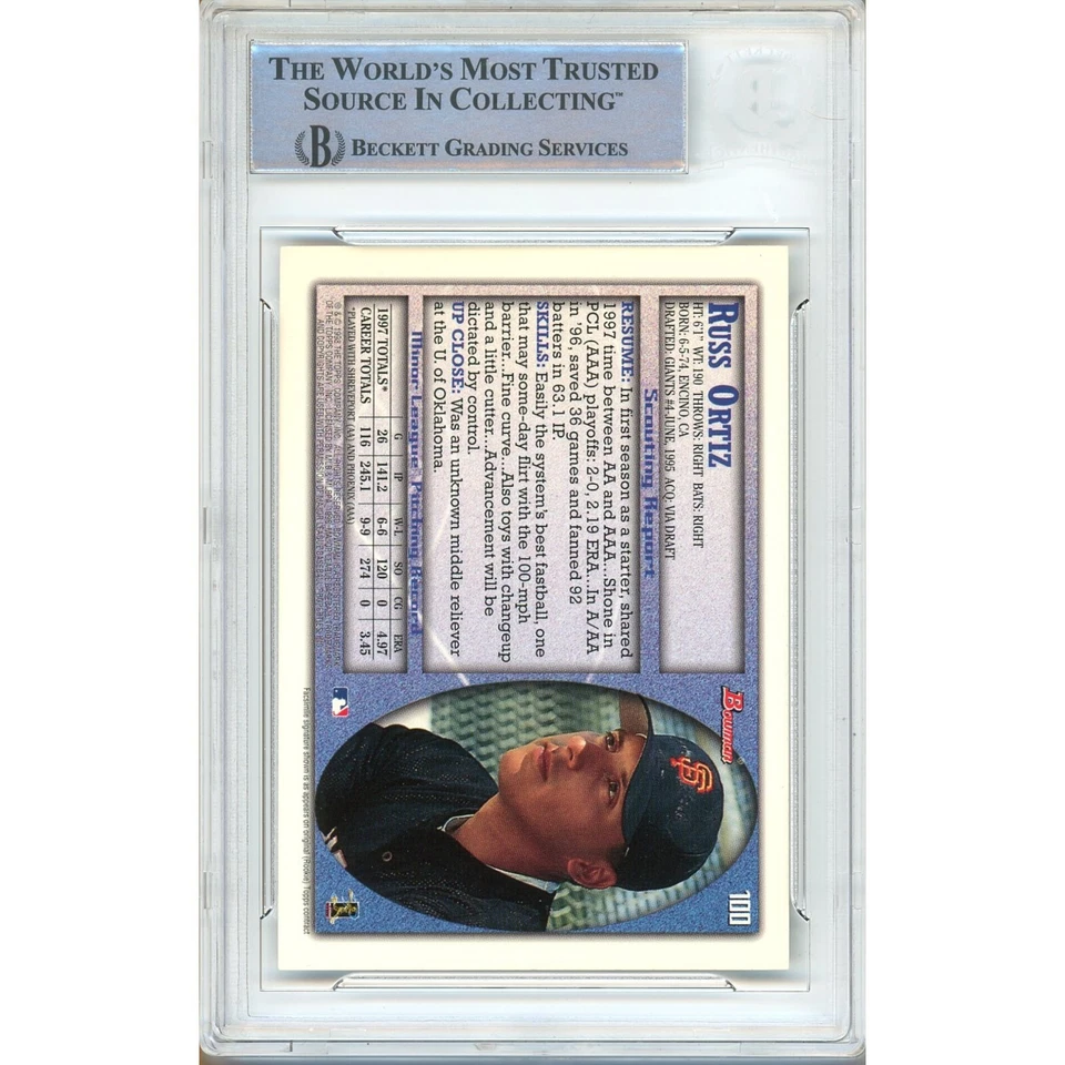 Tarjeta firmada por Russ Ortiz 1998 Bowman #100 AUTO Beckett losa SF Giants Foto 3 de 4