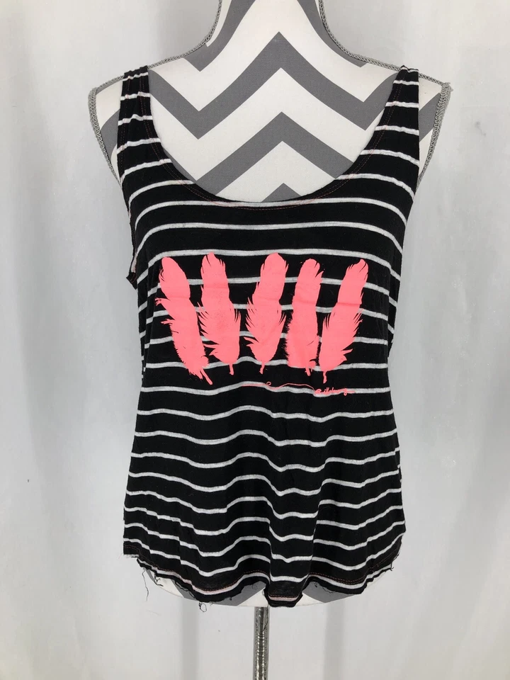 Camiseta sin mangas Billabong rosa plumas negras a rayas dobladillo desgastado mediana EE. UU. Foto 2 de 4