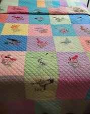 Vintage Grannycore Handmade Embroidered State Bird Quilt 124" Long x 90" Wide
