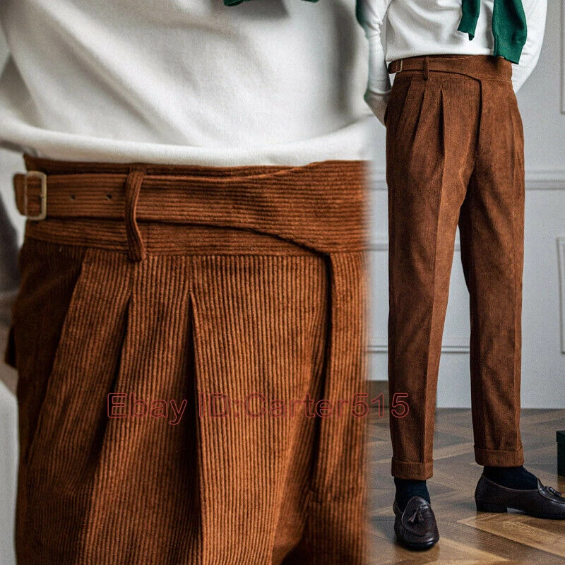 Mens Corduroy Gurkha Straight High Waist Casual Pants British Retro Long Pants