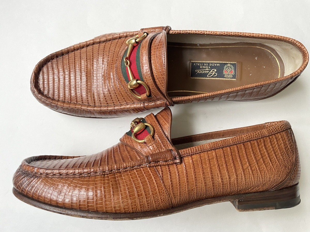 GUCCI 1953 Web Stripe Horsebit Snake Lizard Skin Loafers UK 11, US