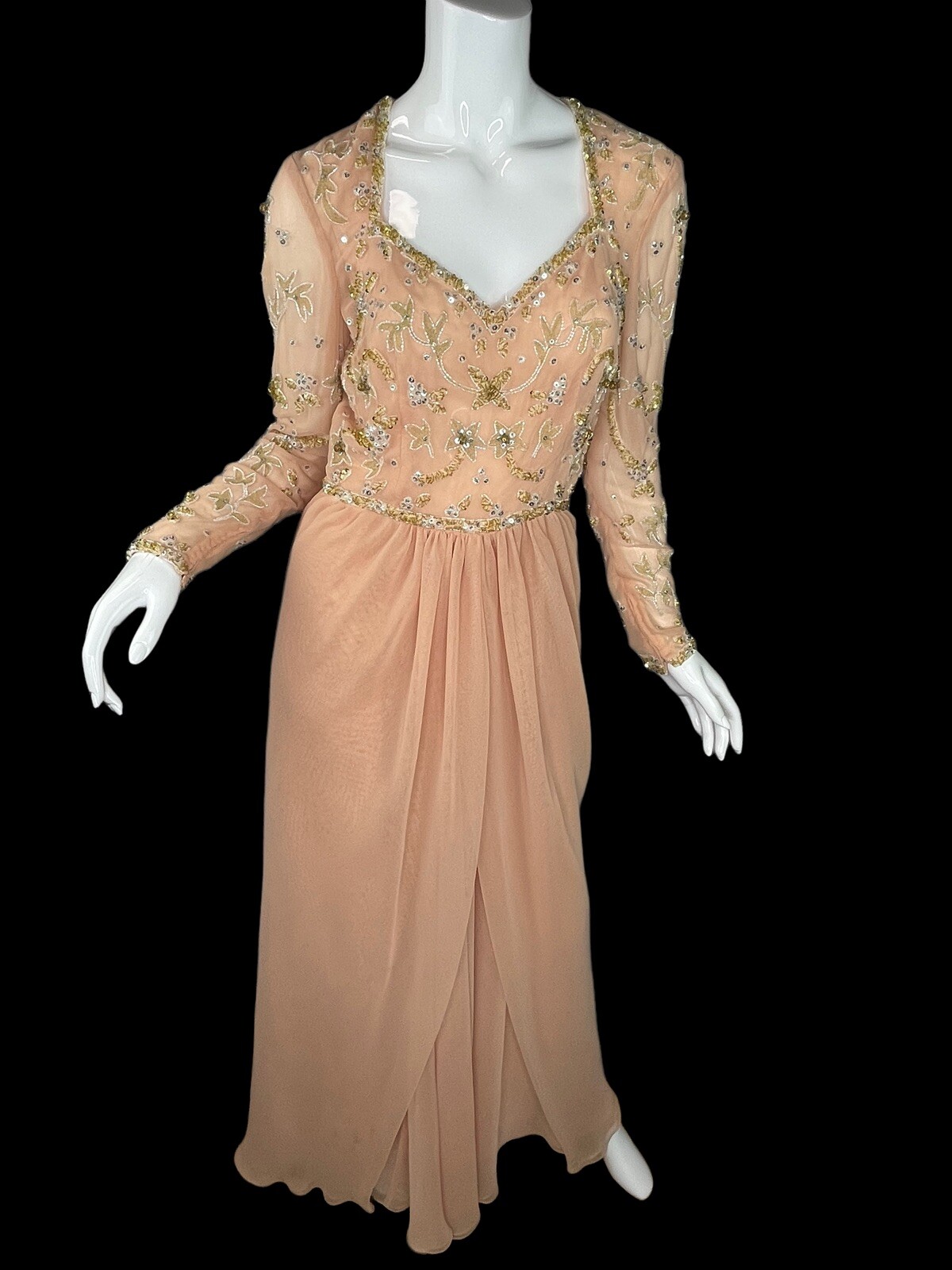 Vintage 80's Allison Neiman Marcus Chiffon Beaded Gown Blush Nude Sz 10 eBay