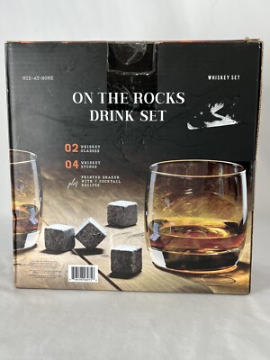 On The Rocks Whiskey Set With Printed Shaker 2 Whiskey Glasses 4 Whiskey Stones