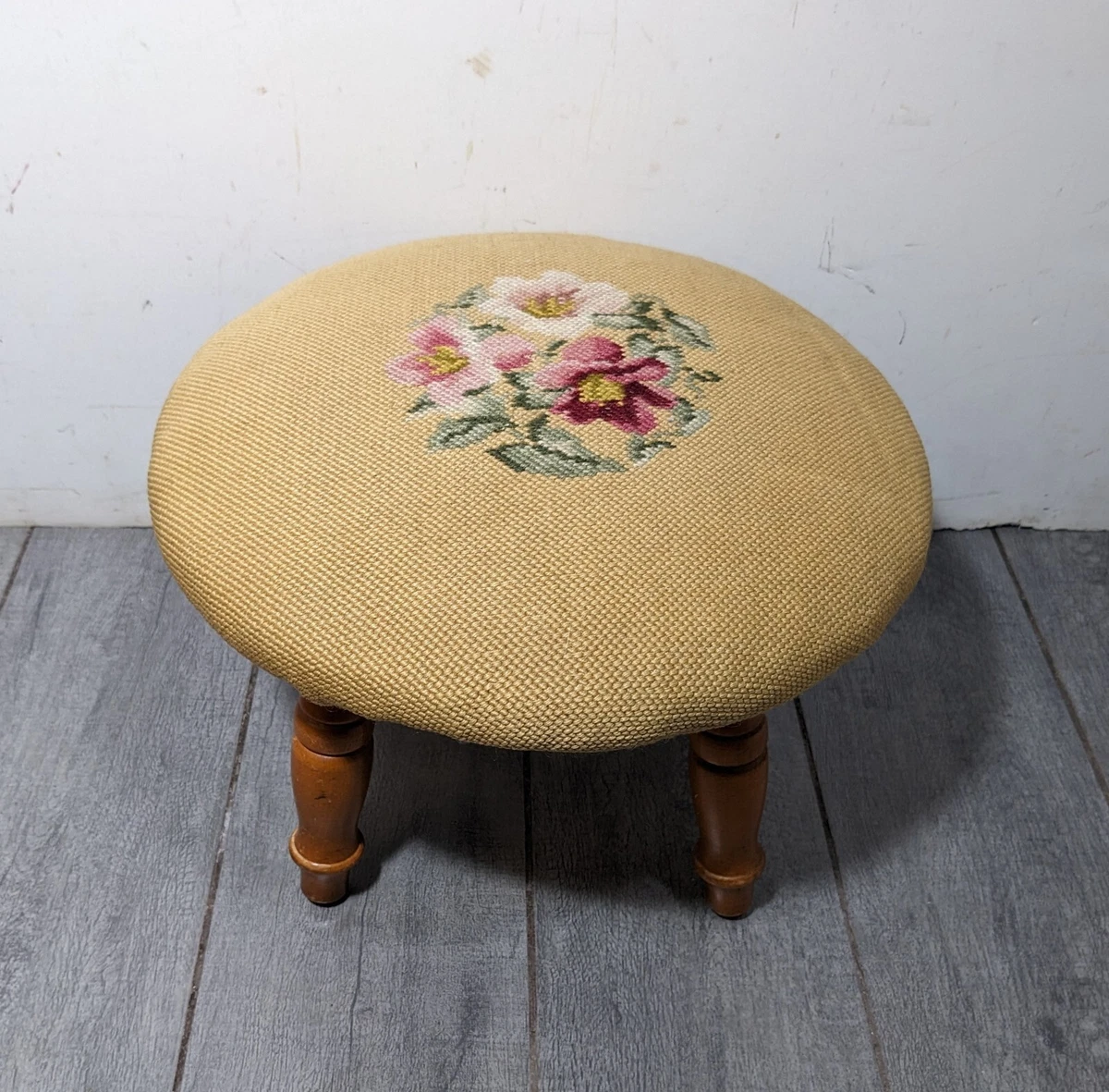 Vintage Victorian Floral Round Needlepoint Sewing Stool Footstool
