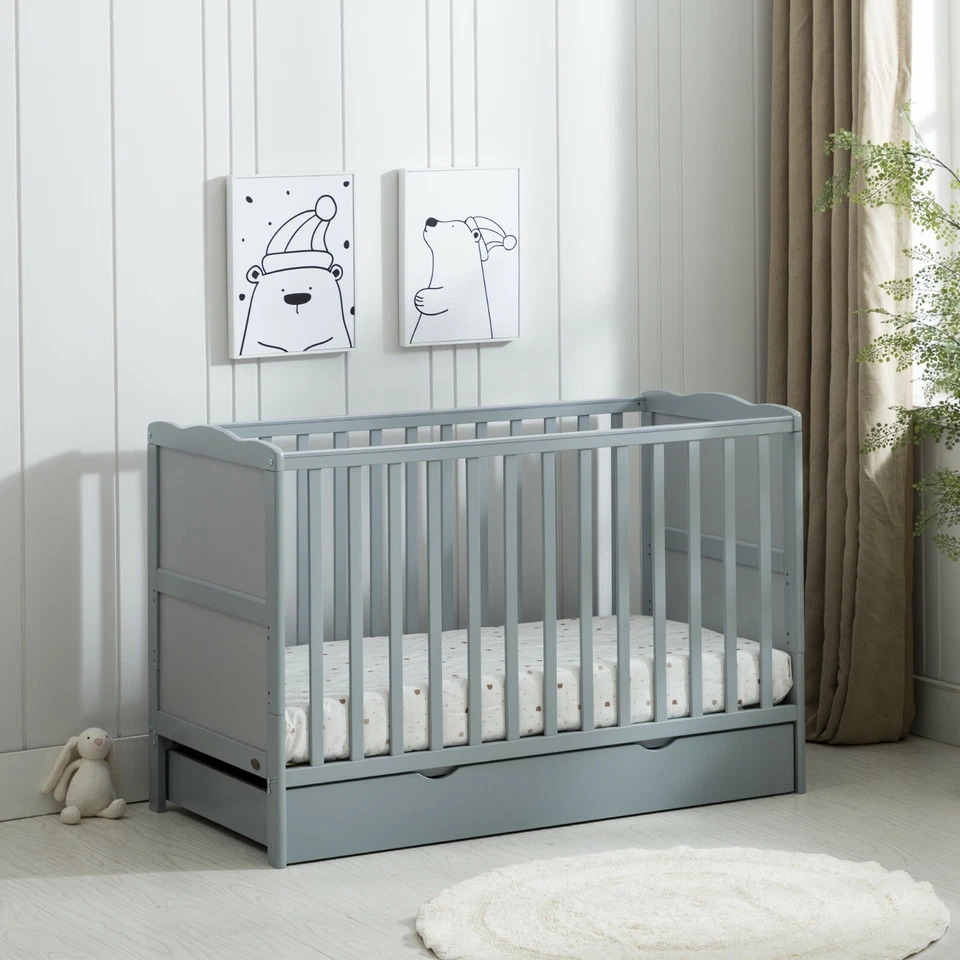 Grey Wooden Baby Cot Bed & Drawer & Aloe Vera Mattress (Orlando Drawer) - Image 3 of 4