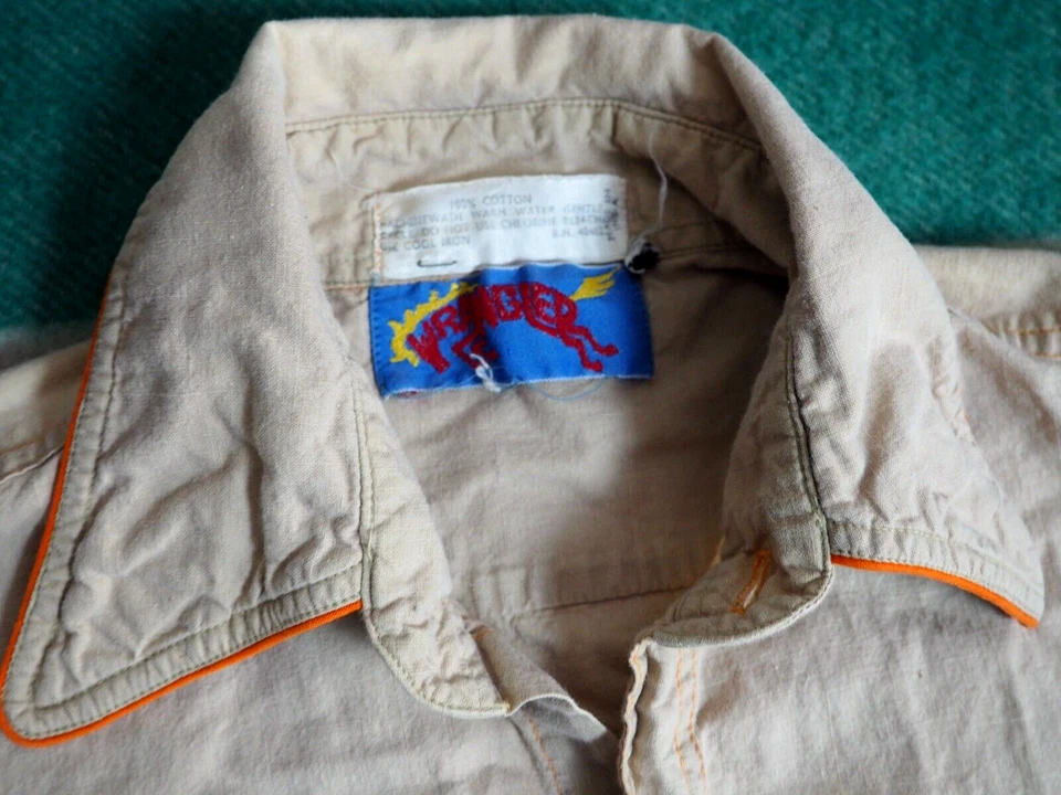 Camisa De Colección Años 60 70 Wrangler Beige Naranja Lino EE. UU. Vaquero Occidental Botón Para Hombres M Foto 3 de 4