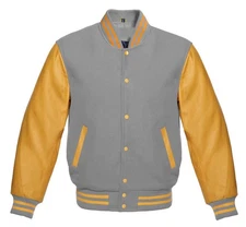 Varsity Letterman Grey  Wool & Real Gold Cowhide Leather Sleeves Bomber Jacket