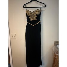 Rare Vtg Victor Costa Gown Black Velvet Gold Lace Strapless Formal Dress Saks