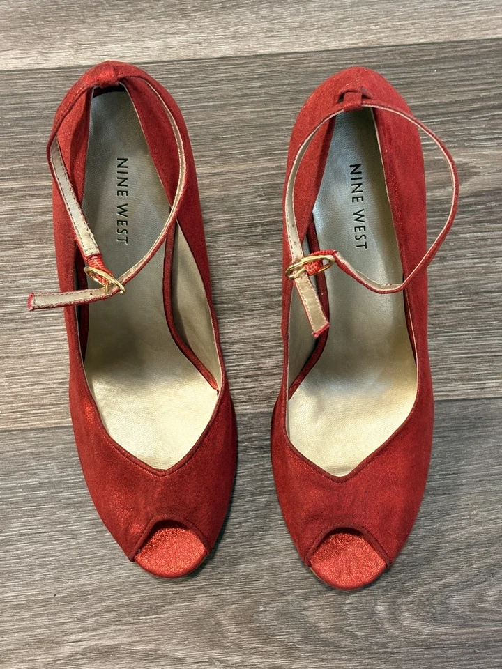 Zapatos de tacón Nine West para mujer rojos brillantes talla 8,5 EE. UU. elegantes 3 pulgadas punta abierta Foto 2 de 4
