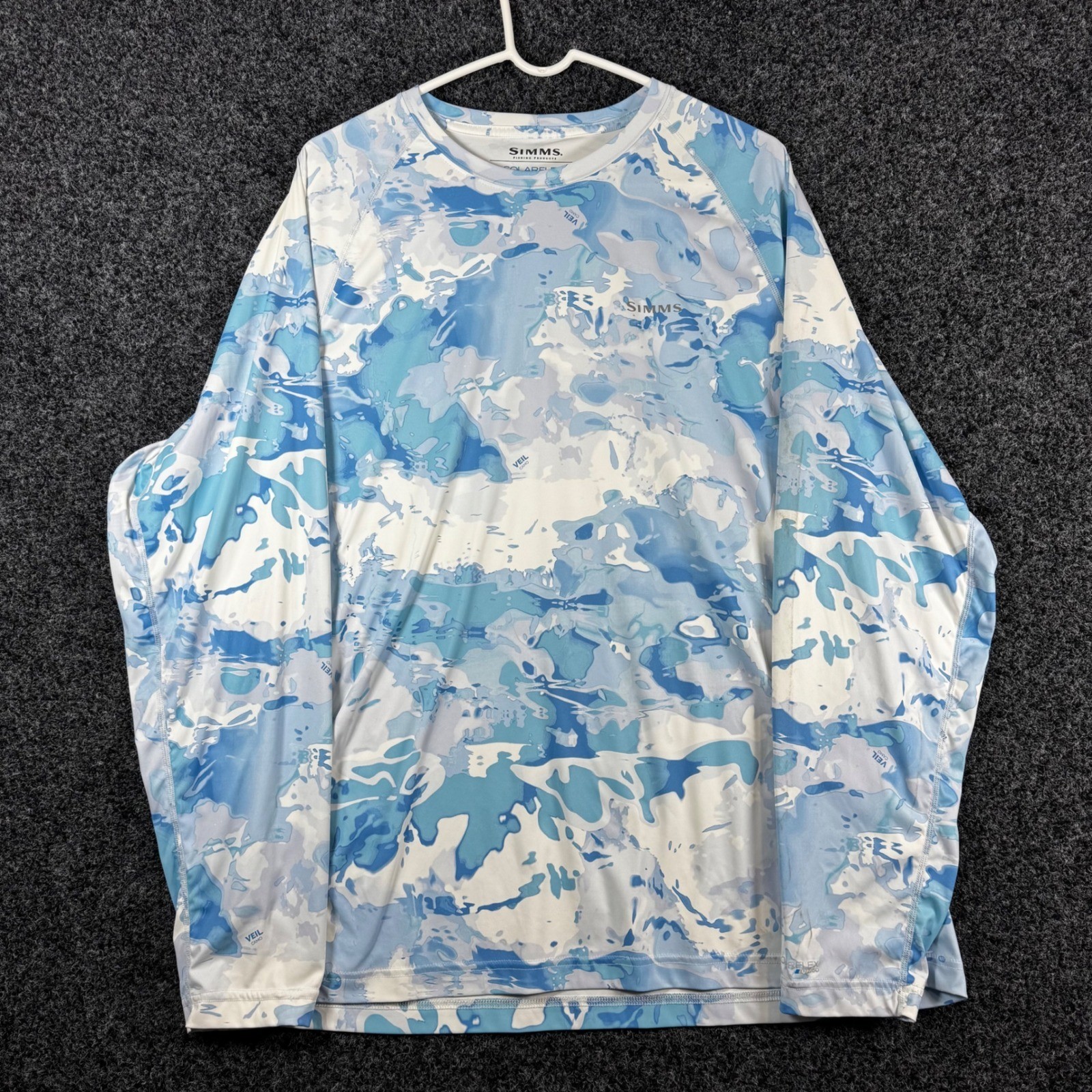 Simms SolarFlex Fishing Shirt Mens XL Blue White Veil Camo UPF 50 Long Sleeve