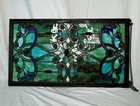 Victorian Tiffany Style Blue Green Stained Glass Panel 26”x15” Hanging Nouveau