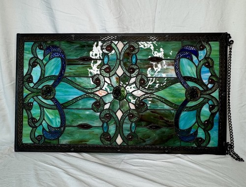 Victorian Tiffany Style Blue Green Stained Glass Panel 26”x15” Hanging Nouveau