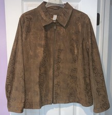 Chico Brown Suede Lightweight Zip Up Jacket With Collar Snake Print Size 3 XL