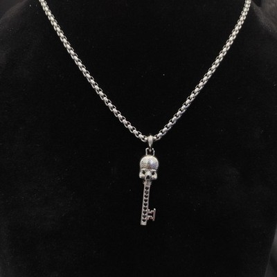 David Yurman 3mm Skull Key Amulet Pendant 20'' Sterling Silver with Black Diamond