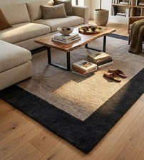 Hand Tufted Wool Area Rug, Modern Minimalist Carpet Beige  Black Border Rug 6x9